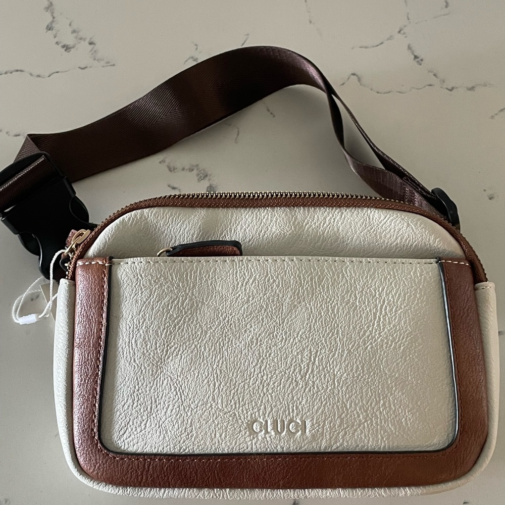 CLUCI 3-Pocket Vegan Leather Bag in Crème w Brown details - NEW w tags